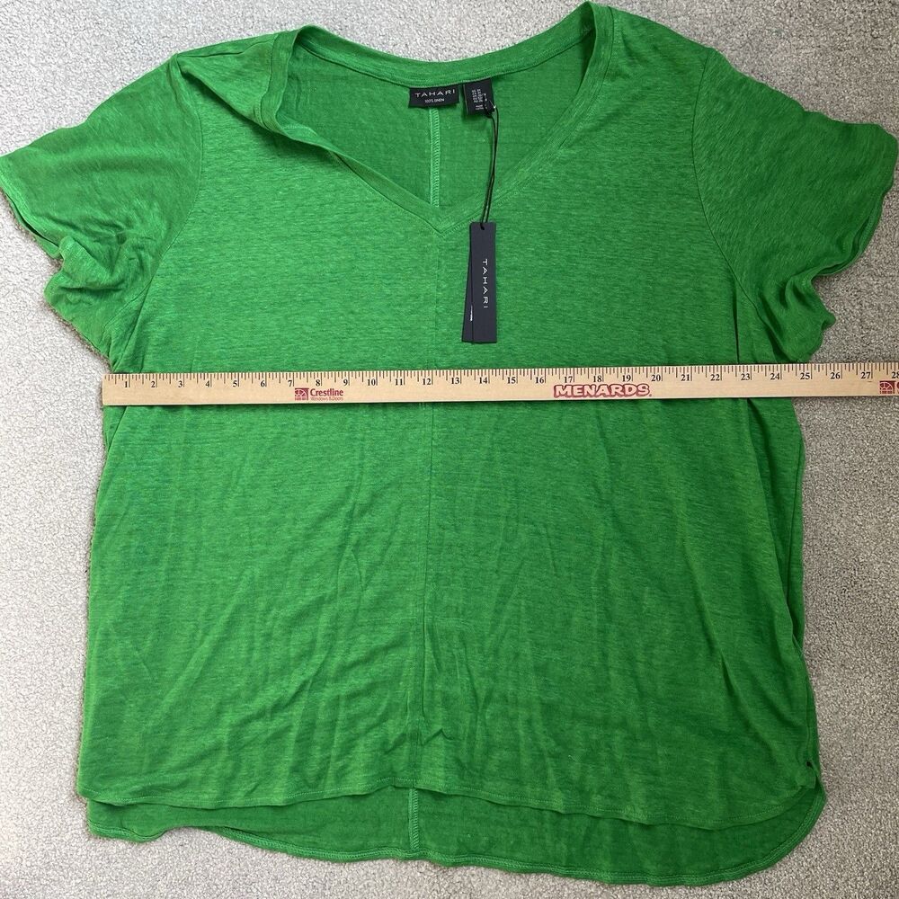 Tahari 100% Linen Blouse Top V Neck Short Sleeve Green Women's Size 3X - Picture 10 of 11